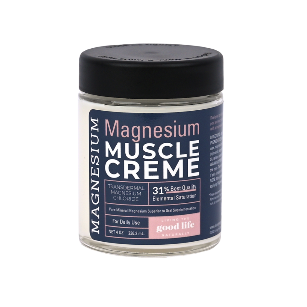Living the Good Life Naturally, Magnesium Muscle Creme is infused with naturally sourced ancient sea brine from the Zechstein Sea, the cleanest source of magnesium on earth. 